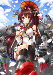 Rule 34 | 10s, 1girl, bare shoulders, black thighhighs, blush, breasts, brown eyes, brown hair, cherry blossoms, detached sleeves, flower, hair flower, hair ornament, japanese clothes, kantai collection, large breasts, long hair, looking at viewer, miniskirt, oil-paper umbrella, okitakung, personification, petals, ponytail, single thighhigh, sitting, skirt, smile, solo, thighhighs, umbrella, very long hair, yamato (kancolle)