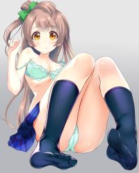 Rule 34 | 10s, 1girl, black socks, blue skirt, bonfurai, bow, bra, breasts, brown eyes, cameltoe, cleavage, feet, full body, green bow, green bra, green panties, grey background, grey hair, hair bow, highres, kneehighs, long hair, looking at viewer, love live!, love live! school idol project, medium breasts, minami kotori, miniskirt, no shirt, no shoes, off shoulder, panties, pleated skirt, shiny clothes, shiny skin, side ponytail, simple background, sitting, skirt, smile, socks, solo, toes, underwear, very long hair