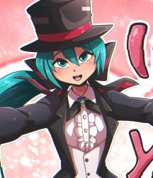 Rule 34 | 1girl, black hat, blue eyes, blue hair, blush, glitch, hat, hatsune miku, long hair, long sleeves, looking at viewer, open mouth, ryou sakai, smile, solo, teeth, top hat, upper teeth only, vocaloid