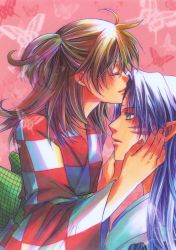 Rule 34 | 1boy, 1girl, artist request, brown hair, bug, butterfly, checkered clothes, checkered kimono, couple, cover, cover page, closed eyes, facial mark, hand on another&#039;s face, hands on another&#039;s face, hetero, highres, insect, inuyasha, japanese clothes, kimono, marker (medium), pointy ears, profile, rin (inuyasha), sesshoumaru, side ponytail, traditional media, white hair, yukata