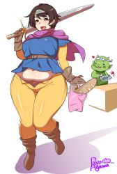 Rule 34 | 1boy, 1girl, agawa ryou, artist name, belt, boots, bread, breasts, brown eyes, brown gloves, brown hair, dragon quest, food, gloves, hair ornament, lace, lace panties, large breasts, navel, open mouth, orc, panties, pants, plump, roto (dq3), short hair, simple background, smile, square enix, sword, underwear, weapon, white background, wide hips