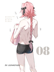 Rule 34 | 1boy, artist name, ass, astolfo (fate), back, bishounen, black bow, black ribbon, bow, boxers, braid, braided ponytail, buttoning, copyright name, fang, fate/apocrypha, fate (series), from behind, hair intakes, hair ribbon, holding, holding clothes, holding shirt, leopardtiger, long braid, long hair, male focus, male underwear, motion lines, multicolored hair, no pants, numbered, pink hair, purple eyes, ribbon, school uniform, shirt, simple background, single braid, skin fang, skirt, solo, streaked hair, toned, toned male, topless male, underwear, underwear only, white background