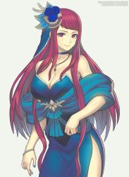 Rule 34 | 1girl, alternate costume, bare shoulders, blue choker, blue dress, blue flower, blue nails, blue rose, breasts, choker, cleavage, commentary, cowboy shot, dress, fire emblem, fire emblem engage, flower, gofelem, hair flower, hair ornament, ivy (fire emblem), jewelry, large breasts, long hair, looking at viewer, nail polish, nintendo, pendant, purple eyes, purple hair, rose, shawl, side slit, solo, standing, strapless, strapless dress, very long hair