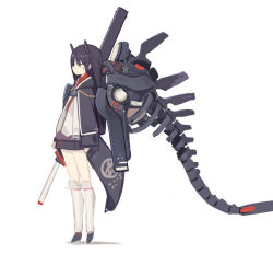 Rule 34 | 1girl, arms at sides, black hair, full body, mecha musume, miniskirt, oni, original, poco (asahi age), red eyes, shin guards, simple background, skirt, solo, standing, tagme, weapon, white background