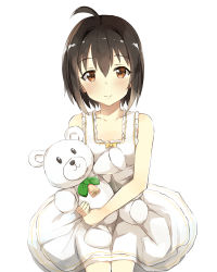 Rule 34 | 1girl, ahoge, bare arms, bare shoulders, bell, blush, bow, brown eyes, brown hair, closed mouth, collarbone, commentary request, dress, fingernails, green bow, hair between eyes, hair intakes, highres, holding, holding stuffed toy, idolmaster, idolmaster cinderella girls, kohinata miho, looking at viewer, seneto, short hair, sitting, sleeveless, sleeveless dress, smile, solo, stuffed animal, stuffed toy, teddy bear, white background, white dress, yellow bow