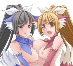 Rule 34 | 2girls, animal ears, artist request, black hair, blonde hair, blue eyes, blush, bow, breasts, cat ears, disgaea, fang, large breasts, long hair, monster girl, multiple girls, nekomata, nekomata (disgaea), nipples, nippon ichi, open mouth, ponytail, smile, tail, white background, yellow eyes, yuri