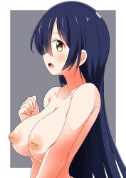 Rule 34 | 10s, 1girl, :o, alternate breast size, bad id, bad pixiv id, blue hair, border, breasts, brown eyes, clenched hand, completely nude, fang, from side, grey hair, hand up, inverted nipples, large breasts, long hair, love live!, love live! school idol project, naruse mai, nipples, nude, outside border, puffy nipples, simple background, solo, sonoda umi, upper body, white border