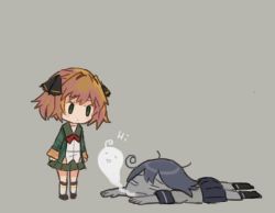 Rule 34 | 2girls, black legwear, black ribbon, blue eyes, brown hair, commentary request, english text, exhausted, full body, giving up the ghost, green jacket, green sailor collar, green skirt, grey background, hachijou (kancolle), hair ribbon, jacket, kantai collection, long hair, long sleeves, lying, monochrome, multiple girls, on stomach, pleated skirt, red neckwear, ribbon, saiguchi otoufu, sailor collar, school uniform, serafuku, short hair, simple background, skirt, spot color, standing, ushio (kancolle)