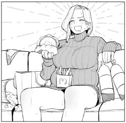 Rule 34 | 1girl, belly, breasts, burger, closed eyes, couch, eating, food, french fries, greyscale, large breasts, laughing, mcdonald&#039;s, monochrome, ohasi, open mouth, original, pink (ohasi), plump, popcorn, ribbed sweater, simple background, sitting, smile, soda bottle, solo, sweat, sweater, turtleneck, turtleneck sweater