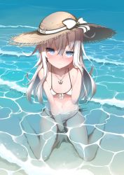 Rule 34 | 10s, 1girl, absurdres, alternate costume, bare arms, bare legs, bare shoulders, barefoot, between legs, bikini, blue eyes, blush, breasts, collarbone, colored eyelashes, from above, full body, hair between eyes, hand between legs, hat, hibiki (kancolle), highres, kantai collection, light smile, long hair, looking at viewer, midriff, navel, silver hair, sitting, small breasts, solo, stomach, sun hat, swimsuit, thighs, twitter username, water, waves, white bikini, yaosera