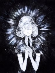 Rule 34 | 1other, black background, black necktie, bob cut, closed eyes, colored skin, crystal hair, diamond (houseki no kuni), elbow gloves, facing viewer, gem uniform (houseki no kuni), gloves, hair between eyes, houseki no kuni, interlocked fingers, linsang, necktie, other focus, own hands together, parted lips, praying, puffy sleeves, short hair, simple background, solo, sparkle, traditional media, upper body, white gloves, white hair, white skin
