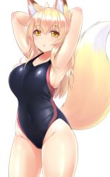Rule 34 | 1girl, ahoge, animal ear fluff, animal ears, armpits, arms up, artist name, blonde hair, blush, breasts, competition swimsuit, covered navel, cowboy shot, fox ears, fox tail, hair between eyes, highres, large breasts, long hair, looking at viewer, one-piece swimsuit, original, parted lips, sideboob, simple background, sogaya, solo, swimsuit, tail, white background, yellow eyes