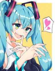 Rule 34 | 1girl, aqua eyes, aqua hair, aqua nails, aqua necktie, bare shoulders, black sleeves, commentary, detached sleeves, finger to mouth, hair ornament, hatsune miku, heart, index finger raised, koba cha, long hair, nail polish, necktie, open mouth, reaching, shirt, sleeveless, sleeveless shirt, smile, solo, spoken heart, twintails, upper body, very long hair, vocaloid, white shirt, yellow background