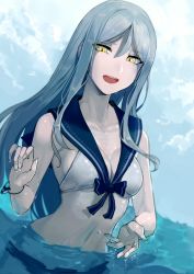 Rule 34 | 1girl, :d, abyssal ship, blue sky, blush, breasts, cleavage, cloud, collarbone, day, eyes visible through hair, hair between eyes, half-closed eyes, hand up, highres, kantai collection, large breasts, long hair, navel, open mouth, outdoors, pale skin, partially submerged, sailor bikini, sailor collar, sky, smile, stomach, swimsuit, ta-class battleship, wading, walzrj, wet, white hair, wristband, yellow eyes
