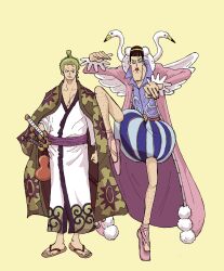 2boys bird black_hair blunt_bangs bon_clay chonmage clenched_hand commentary_request fake_wings full_body green_hair highres japanese_clothes kimono leg_hair long_coat long_sleeves makeup male_focus multiple_boys one_eye_closed one_piece purple_sash purple_shirt red_lips roronoa_zoro ryujidj sandals sash scar scar_across_eye shirt short_hair stitched_face stitches swan sword topknot v-shaped_eyebrows weapon wings