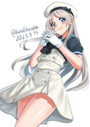 Rule 34 | 1girl, absurdres, blue eyes, blue sailor collar, blush, closed mouth, dress, gloves, grey hair, hat, highres, javelin (kancolle), kantai collection, katou shinobu, long hair, sailor collar, sailor dress, sailor hat, short sleeves, simple background, smile, solo, twitter username, white background, white dress, white gloves, white hat