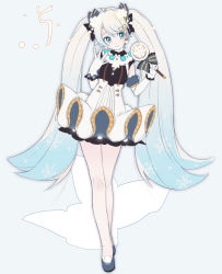 Rule 34 | 1girl, agonasubi, blue eyes, commentary, contrapposto, dress, frilled dress, frills, full body, gloves, gradient hair, hair ribbon, hands up, hatsune miku, head tilt, highres, holding, holding wand, long hair, looking at viewer, multicolored hair, ribbon, smile, snowflake print, solo, string of light bulbs, twintails, very long hair, vocaloid, wand, white dress, white gloves, white hair, yuki miku, yuki miku (2021) (candidate no.5)