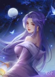 Rule 34 | 1girl, absurdres, artist request, branch, breasts, bug, butterfly, dress, from side, hair ornament, hairpin, highres, insect, lantern, long hair, long sleeves, looking at viewer, medium breasts, night, purple dress, purple eyes, purple hair, qinshi mingyue, second-party source, smile, solo, undershirt, upper body, zi nu (qin shi ming yue)