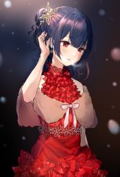 Rule 34 | 1girl, bare shoulders, blue hair, blush, breasts, dress, earrings, hair bun, hair ornament, highres, idolmaster, idolmaster shiny colors, jewelry, looking at viewer, morino rinze, parted lips, red dress, red eyes, short hair, single hair bun, small breasts, snowing, solo, takeashiro