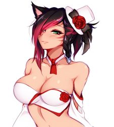 Rule 34 | 1girl, absurdres, animal ears, warrior of light (ff14), bandeau, bare shoulders, black hair, blush, breasts, cat ears, choker, cleavage, facial mark, final fantasy, final fantasy xiv, foxykuro, green eyes, hair over one eye, hat, highres, large breasts, looking at viewer, marie makise, mini hat, mini top hat, miqo&#039;te, multicolored hair, short hair, slit pupils, smile, solo, strapless, top hat, two-tone hair, upper body, whisker markings, white background