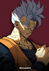Rule 34 | 1boy, absurdres, closed mouth, dougi, dragon ball, dragon ball super, dragon ball super super hero, dragonball z, glowing, glowing eyes, gohan beast, grey hair, highres, horang4628, looking at viewer, male focus, red eyes, serious, simple background, solo, son gohan (future), twitter username, wristband