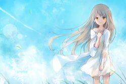Rule 34 | 1girl, brown hair, contrail, day, dress, grass, green eyes, hand on own chest, long hair, looking at viewer, mikanniro, original, outdoors, sky, smile, solo, standing, white dress, wind