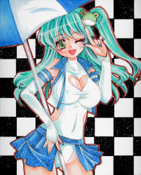Rule 34 | 1girl, adapted costume, breasts, checkered background, cleavage, cleavage cutout, clothing cutout, elbow gloves, fingernails, frog hair ornament, gloves, green eyes, green hair, hair ornament, heart, kochiya sanae, large breasts, leotard, lipstick, long fingernails, long hair, makeup, matching hair/eyes, midriff, mitsuba (threeleaf), nail polish, one-piece swimsuit, one eye closed, open mouth, parasol, race queen, showgirl skirt, side ponytail, skirt, smile, solo, swimsuit, touhou, umbrella, white gloves, wink