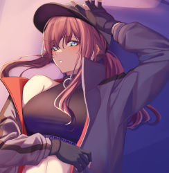 Rule 34 | 1girl, 3 small spiders, absurdres, ar-57 (girls&#039; frontline), black gloves, black tank top, blue eyes, blush, breasts, crop top, earrings, eye piercing, female focus, fingerless gloves, girls&#039; frontline, gloves, hair between eyes, hair ornament, hand on own head, hand on own stomach, highres, jacket, jewelry, long hair, looking at viewer, lying, medium breasts, on back, open clothes, open jacket, open mouth, pink hair, simple background, solo, tank top, upper body, white headwear, white jacket