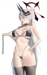 Rule 34 | 1girl, absurdres, animal collar, bikini, black bikini, black thighhighs, blue archive, breasts, breasts apart, chain, collar, collarbone, covered erect nipples, cowboy shot, green eyes, grey hair, hair over one eye, halo, halterneck, hand on own hip, highleg, highleg bikini, highres, holding, holding chain, horns, large breasts, long hair, looking at object, lordol, makoto (blue archive), micro bikini, navel, open mouth, parted bangs, pointy ears, ponytail, profile, sharp teeth, sideboob, simple background, solo, strap gap, string bikini, swimsuit, teeth, thighhighs, underboob, very long hair, white background