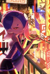 Rule 34 | 1girl, blue hair, chest sarashi, city, city lights, earrings, hair over one eye, highres, jewelry, neon lights, nintendo, nomu (29 nom), octoling player character, poncho, railing, red eyes, sarashi, shiver (splatoon), sign, signpost, smile, smoking pipe, solo, splatoon (series), splatoon 3, tentacle hair