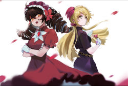 Rule 34 | 2girls, :o, ascot, back-to-back, black dress, black jacket, blonde hair, blurry, bow, brooch, brown eyes, brown hair, chain, cropped jacket, crossed arms, depth of field, don&#039;t starve, dress, drill hair, falling petals, fang, floating hair, flower, gem, gloves, hair between eyes, hair bow, hair flower, hair ornament, hairband, hands up, highres, holding, holding flower, jacket, jewelry, lolita hairband, long hair, looking at viewer, looking back, motion blur, multiple girls, official alternate costume, petals, puffy short sleeves, puffy sleeves, red bow, red dress, red flower, red gemstone, short sleeves, simple background, skin fang, tang shifu, twin drills, twintails, wendy (don&#039;t starve), white ascot, white background, white gloves, willow (don&#039;t starve), yellow eyes
