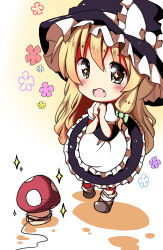 Rule 34 | + +, 1girl, blonde hair, blush, bow, brown eyes, chibi, dress, fang, female focus, hair bow, hat, hat bow, highres, kirisame marisa, long hair, mushroom, open mouth, own hands together, ramudia (lamyun), solo, sparkle, touhou, witch, witch hat