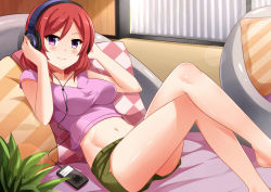 Rule 34 | 10s, 1girl, bare legs, barefoot, blush, breasts, crop top, crop top overhang, crossed legs, digital media player, headphones, indoors, lens flare, long legs, looking at viewer, love live!, love live! school idol festival, love live! school idol project, lying, medium breasts, midriff, mmrailgun, navel, nishikino maki, on back, pillow, purple eyes, red hair, shiny skin, shirt, short hair, shorts, smile, solo, stomach, striped, taut clothes, taut shirt, window