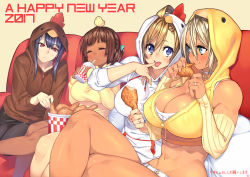 Rule 34 | 2017, 23 (real xxiii), 4girls, abs, ahoge, black hair, black pantyhose, blonde hair, blue eyes, blush, breasts, brown-haired girl (23), brown hair, bucket, chicken (food), chicken costume, chinese zodiac, cleavage, closed eyes, couch, crossed legs, dark-skinned female, dark skin, detached sleeves, eating, english text, female focus, finger in own mouth, flat-chested girl (23), food, fried chicken, happy new year, highres, hood, hoodie, japanese text, jewelry, kfc, large breasts, long hair, midriff, multiple girls, muscular, muscular female, navel, new year, open mouth, original, pantyhose, red eyes, ring, sela (23), short hair, sitting, smile, thick thighs, thighs, toned, tongue, tongue out, ursula (23), wedding band, wife and wife, year of the rooster