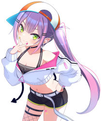 Rule 34 | 1girl, absurdres, backwards hat, banana de ikopon, bare shoulders, baseball cap, breasts, choker, cleavage, closed mouth, crop top, cropped jacket, fishnet thighhighs, fishnets, green eyes, hand on own hip, hat, highres, hololive, leaning forward, long hair, long sleeves, looking at viewer, medium breasts, midriff, multicolored nails, nail polish, navel, pink nails, purple hair, short shorts, shorts, sidelocks, single thighhigh, smile, solo, sticker, thighhighs, tokoyami towa, twintails, v over mouth, very long hair, virtual youtuber, yellow nails