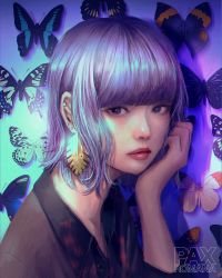 Rule 34 | 1girl, blunt bangs, bright pupils, bug, butterfly, closed mouth, ear piercing, earrings, hand up, highres, insect, jewelry, lipstick, looking at viewer, makeup, medium hair, original, piercing, purple eyes, purple hair, purple theme, red lips, solo, upper body, wataboku, white pupils
