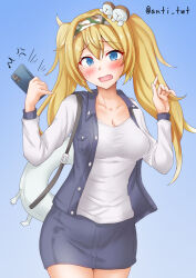 Rule 34 | 1girl, alternate costume, anger vein, anti (untea9), blonde hair, blue background, blue eyes, blue skirt, blue vest, breasts, camouflage hairband, cellphone, cowboy shot, denim, denim skirt, gambier bay (kancolle), gradient background, highres, kantai collection, large breasts, long hair, open clothes, open vest, pencil skirt, phone, shirt, skirt, solo, standing, vest, white shirt