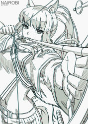 Rule 34 | 1girl, animal ear fluff, animal ears, arknights, arrow (projectile), bow (weapon), commentary request, drawing bow, grey background, highres, holding, holding bow (weapon), holding weapon, long hair, long sleeves, looking at viewer, midriff, monochrome, nairobi song, navel, platinum (arknights), simple background, solo, stomach, tail, upper body, weapon