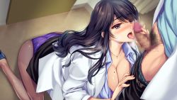 Rule 34 | 1girl, absurdres, amagi ryou, black hair, blush, boku to joi no shinsatsu nisshi, breasts, brown eyes, censored, cleavage, clothes lift, fellatio, floor, from above, game cg, highres, indoors, jewelry, lab coat, large breasts, legs, licking, licking penis, long hair, mole, mole on breast, monety, mosaic censoring, necklace, oral, original, panties, panties under pantyhose, pantyhose, penis, saliva, sitting, skirt, skirt lift, solo focus, standing, thighs, tongue, tongue out, underwear