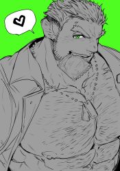 Rule 34 | 1boy, abs, bara, character request, chest hair, condom, condom in mouth, condom wrapper, dog tags, facial hair, green eyes, green theme, head tilt, heart, highres, jacket, large pectorals, looking at viewer, male focus, monochrome, mouth hold, muscular, muscular male, open clothes, open jacket, panther boy, panther ears, pectoral focus, pectorals, short hair, solo, spoken heart, spot color, stubble, thick eyebrows, tokyo houkago summoners, upper body, zabaniyan