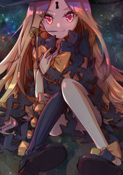 Rule 34 | 1girl, abigail williams (fate), abigail williams (second ascension) (fate), absurdres, bare shoulders, black bow, black hat, black thighhighs, blonde hair, bow, fate/grand order, fate (series), hat, highres, key, keyhole, long hair, multiple bows, orange bow, polka dot, red eyes, single thighhigh, smile, solo, thighhighs, witch hat