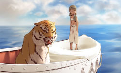 Rule 34 | 1girl, animal, bad id, bad pixiv id, bare arms, bare shoulders, barefoot, blue sky, boat, brown hair, cloud, cloudy sky, cosplay, cosplay request, day, horizon, idolmaster, idolmaster cinderella girls, life of pi, long hair, morikubo nono, navel, ocean, outdoors, pants, ringlets, sky, solo, standing, tiger, turban, uccow, water, watercraft, white pants