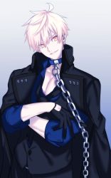 Rule 34 | 1boy, ahoge, arthur pendragon (fate), arthur pendragon alter (fate), artoria pendragon (all), artoria pendragon (fate), bad id, bad twitter id, black gloves, chain, collar, dark persona, fate/grand order, fate/prototype, fate/stay night, fate (series), gloves, gradient background, highres, male focus, pectorals, platinum blonde hair, saber alter, seseragi azuma, simple background, solo, upper body, yellow eyes