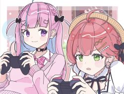 2girls absurdres ahoge blue_hair bow bowtie braid cat_hair_ornament choker collared_shirt controller detached_collar dress earrings flower_earrings flying_sweatdrops game_controller green_eyes hair_ornament hairclip hat highres holding holding_controller holding_game_controller hololive jewelry long_hair long_sleeves looking_at_another minato_aqua minato_aqua_(school_uniform) multicolored_hair multiple_girls o-ring o-ring_choker official_alternate_costume pink_bow pink_bowtie pink_hair pink_sweater purple_eyes sakura_miko sakura_miko_(street) school_uniform shirt smile straw_hat sweater tsukitoinu two-tone_hair two_side_up virtual_youtuber white_dress white_shirt x_hair_ornament