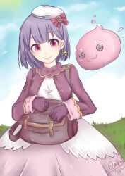 1girl :3 absurdres blue_sky blush bow breasts brown_bag closed_mouth cloud commentary_request cowboy_shot dated day earrings gloves grass hat hat_bow highres jacket jewelry long_sleeves looking_at_viewer medium_breasts merchant_(ragnarok_online) open_clothes open_jacket outdoors poring purple_gloves purple_hair purple_jacket ragnarok_online red_bow rinrin_taiwan shirt short_hair sky slime_(creature) smile solo white_hat white_shirt