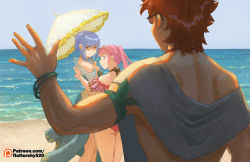 Rule 34 | 1boy, 2girls, alternate costume, armband, ass, bare legs, beach, bikini, blue bikini, blue hair, blue one-piece swimsuit, blue sky, bracelet, braid, breasts, brown eyes, closed mouth, commentary, crown braid, day, detached sleeves, english commentary, eyewear on head, feet out of frame, fire emblem, fire emblem: three houses, fire emblem heroes, from behind, frown, glaring, green little, hilda valentine goneril, holding, holding umbrella, jewelry, long hair, looking at another, looking back, marianne von edmund, matching hair/eyes, medium breasts, medium hair, multiple boys, multiple girls, nintendo, ocean, official alternate costume, one-piece swimsuit, orange hair, outdoors, parasol, patreon logo, patreon username, pink bikini, pink eyes, pink hair, pink one-piece swimsuit, red one-piece swimsuit, sarong, scowl, see-through, see-through sleeves, shaded face, short hair, sidelocks, sky, standing, sunglasses, swimsuit, sylvain jose gautier, thighs, twintails, umbrella, v-shaped eyebrows, watermark, waving, web address