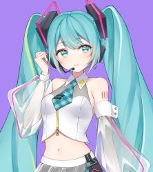 Rule 34 | 1girl, absurdres, aqua eyes, aqua hair, aqua necktie, arm at side, arm tattoo, bare shoulders, breasts, collarbone, collared shirt, crop top, detached sleeves, drawing kanon, grey skirt, hand up, hatsune miku, headset, highres, lips, long hair, long sleeves, looking afar, microphone, midriff, navel, necktie, parted lips, plaid necktie, pleated skirt, puffy long sleeves, puffy sleeves, purple background, see-through, see-through sleeves, shirt, simple background, skirt, small breasts, solo, tattoo, twintails, upper body, vocaloid