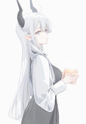 Rule 34 | 1girl, absurdres, ahoge, black horns, black skirt, blue eyes, breasts, closed mouth, cowboy shot, cup, demon girl, demon horns, dress, drink, from side, grey hair, hair on horn, highres, holding, holding cup, holding drink, horns, long bangs, long hair, long skirt, long sleeves, looking at viewer, nekojira, original, pointy ears, shirt, sideways glance, simple background, skirt, smile, solo, straight hair, thea (nekojira), very long hair, white background, white hair, white shirt