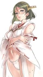 Rule 34 | 10s, 1girl, cowboy shot, crossed arms, detached sleeves, fundoshi, glasses, hairband, japanese clothes, kantai collection, kirishima (kancolle), lips, long sleeves, navel, nishieda, nontraditional miko, parted lips, short hair, simple background, solo, sweat, white background, wide sleeves