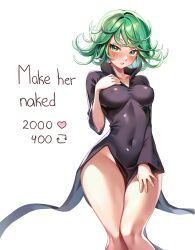 Rule 34 | 1girl, absurdres, alternate breast size, black dress, blush, breasts, collarbone, covered erect nipples, covered navel, dress, english text, feet out of frame, flipped hair, green eyes, green hair, groin, highres, large breasts, long sleeves, machulanko, medium hair, meme, one-punch man, parted lips, shiny clothes, solo, tatsumaki, teeth, twitter strip game (meme)
